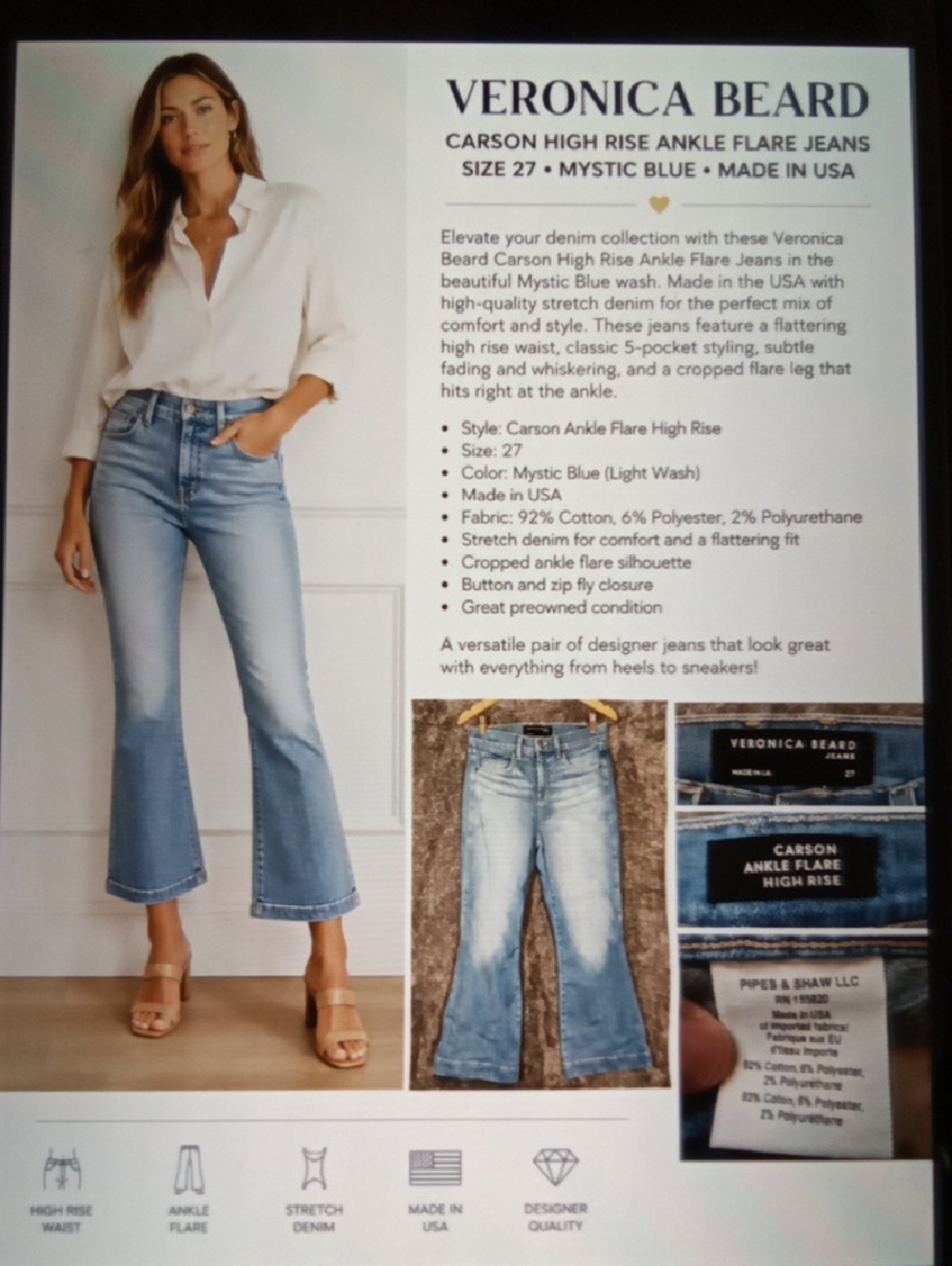 Veronica Beard Carson High Rise Ankle Flare Jeans Mystic Blue Stretch Womens 27